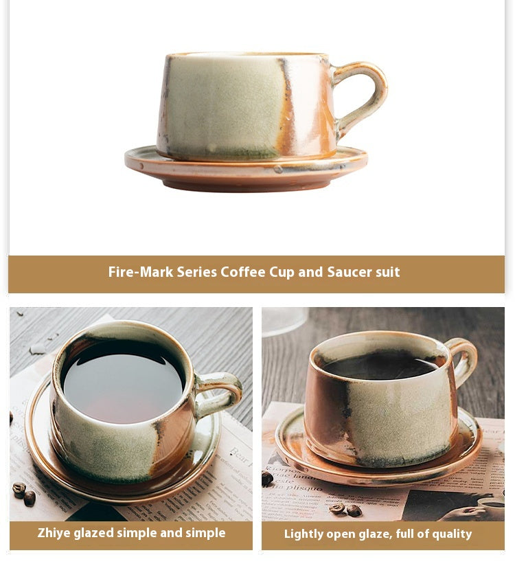 Cup set Ceramic retro coarse pottery hanging ears Coffee cup and saucer set Japanese style with spoon | Fire mark