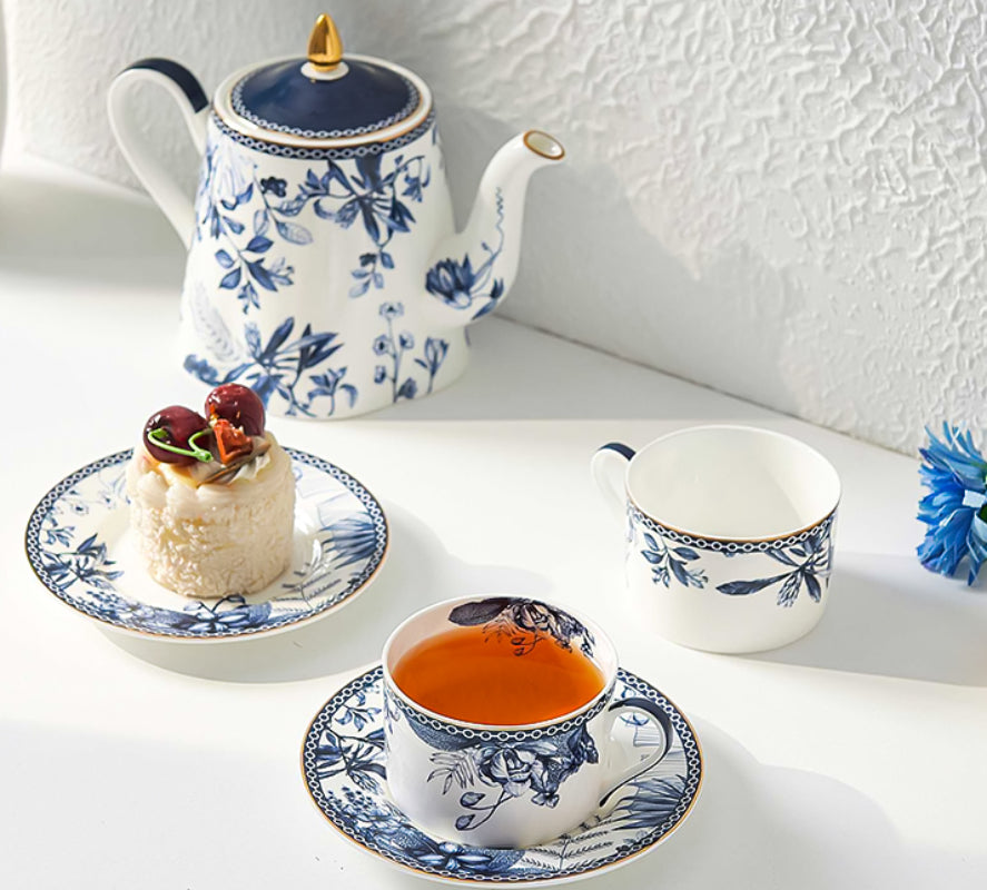 Blue and white · AUJG British high-end flower coffee cup and saucer set, light luxury household afternoon tea water cup