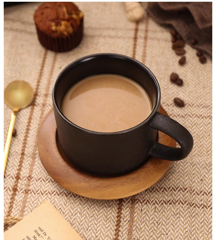 Cup with coffee cup ceramic with base with spoon black matte Nordic light luxury | Yaoblack