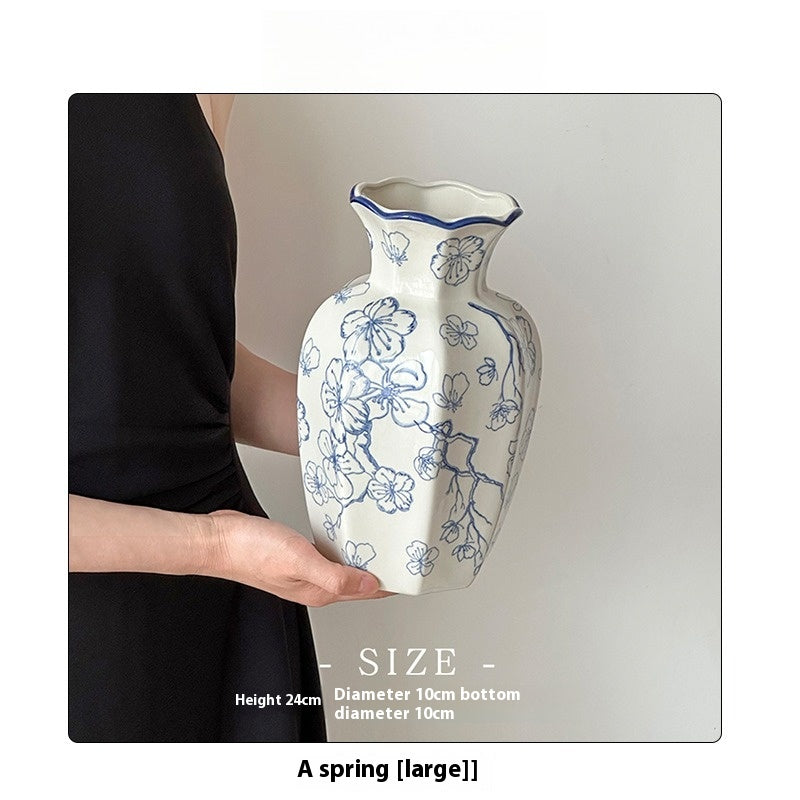Vase New Chinese Medieval Blue and White Porcelain Retro Ceramic Flower Arranger Living Room | Man Tang