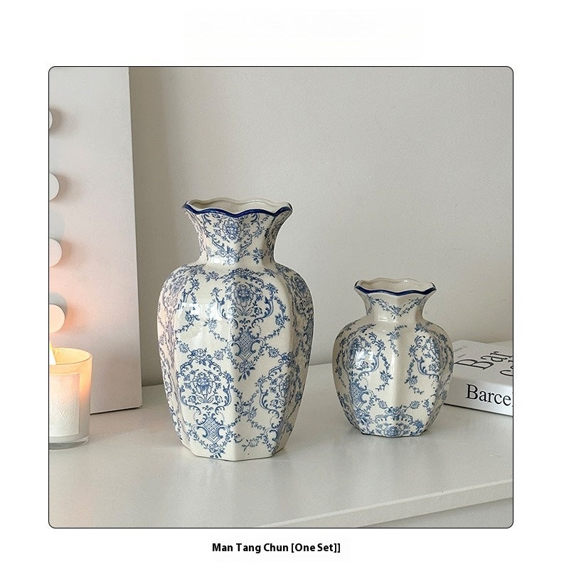 Vase New Chinese Medieval Blue and White Porcelain Retro Ceramic Flower Arranger Living Room | Man Tang