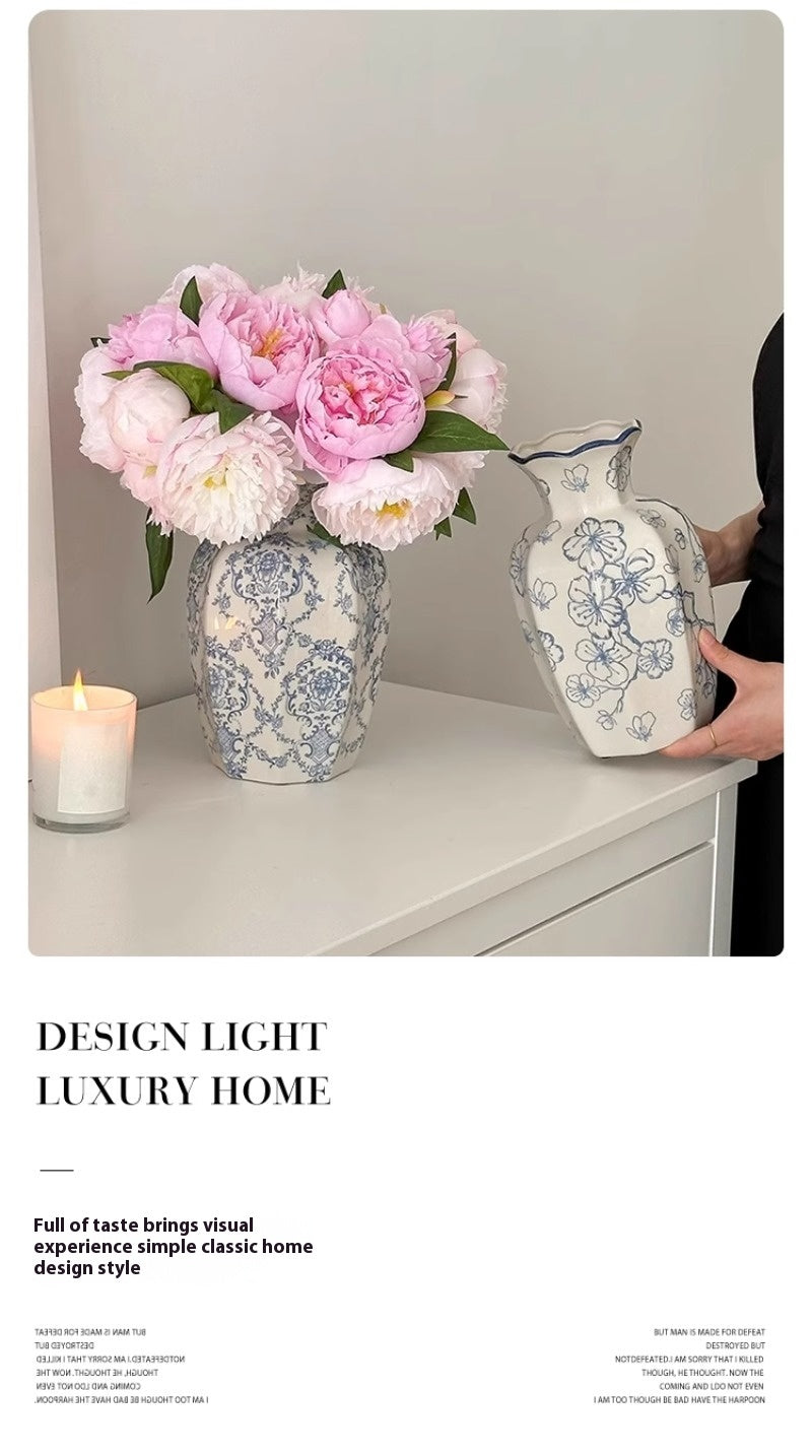 Vase New Chinese Medieval Blue and White Porcelain Retro Ceramic Flower Arranger Living Room | Man Tang