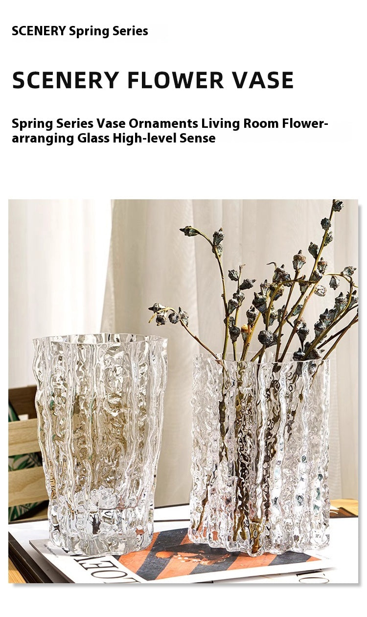 Vase ornament Living room flower arrangement glass high-end transparent glacier pattern | Spring light