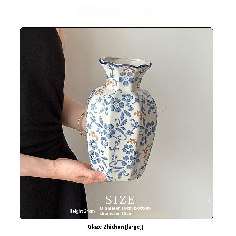 Vase New Chinese Medieval Blue and White Porcelain Retro Ceramic Flower Arranger Living Room | Man Tang
