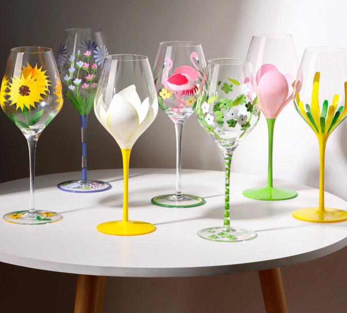 French glass goblet retro painted wine glass household wine glass