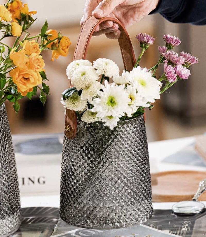 Vase American light luxury creative leather portable glass flower arrangement ornament | pure