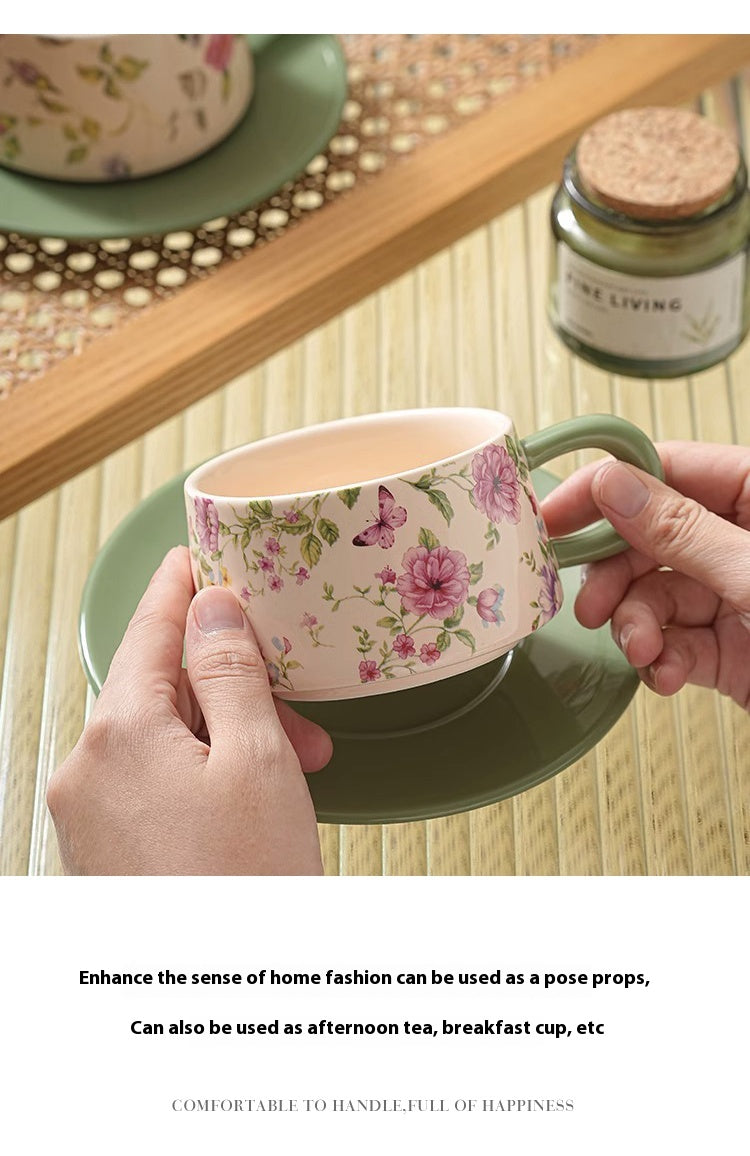 Tlife · Cane · Tasse · Pastorale Kaffeetasse, klein, frisches Blumenmuster, Kamelie, Tassen-Untertassen-Set | Weinrebe