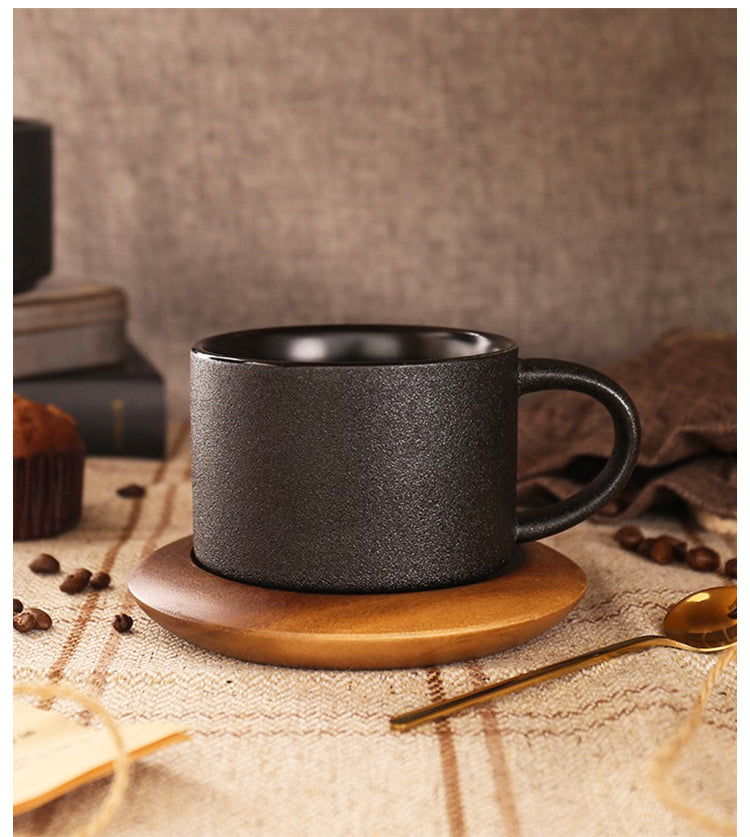 Cup with coffee cup ceramic with base with spoon black matte Nordic light luxury | Yaoblack