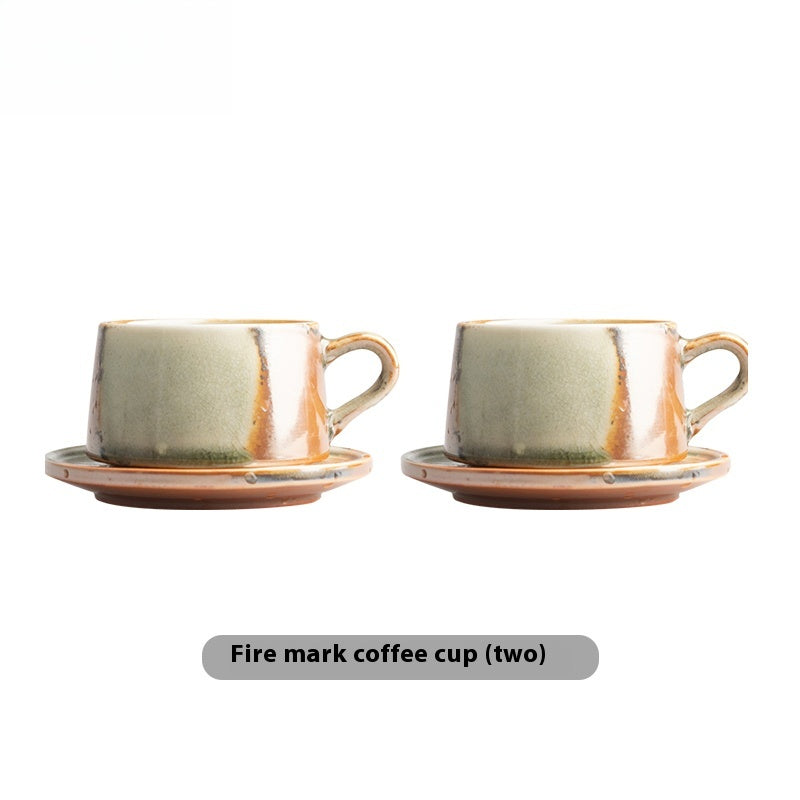 Cup set Ceramic retro coarse pottery hanging ears Coffee cup and saucer set Japanese style with spoon | Fire mark