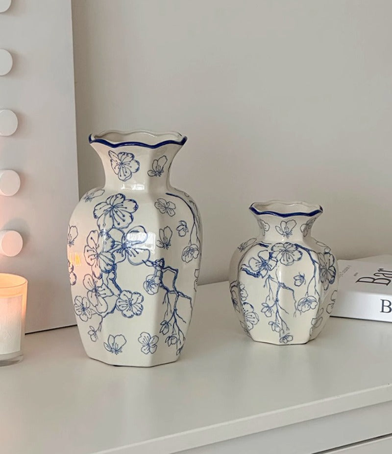 Vase New Chinese Medieval Blue and White Porcelain Retro Ceramic Flower Arranger Living Room | Man Tang