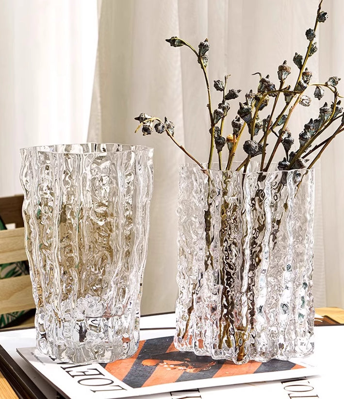 Vase ornament Living room flower arrangement glass high-end transparent glacier pattern | Spring light