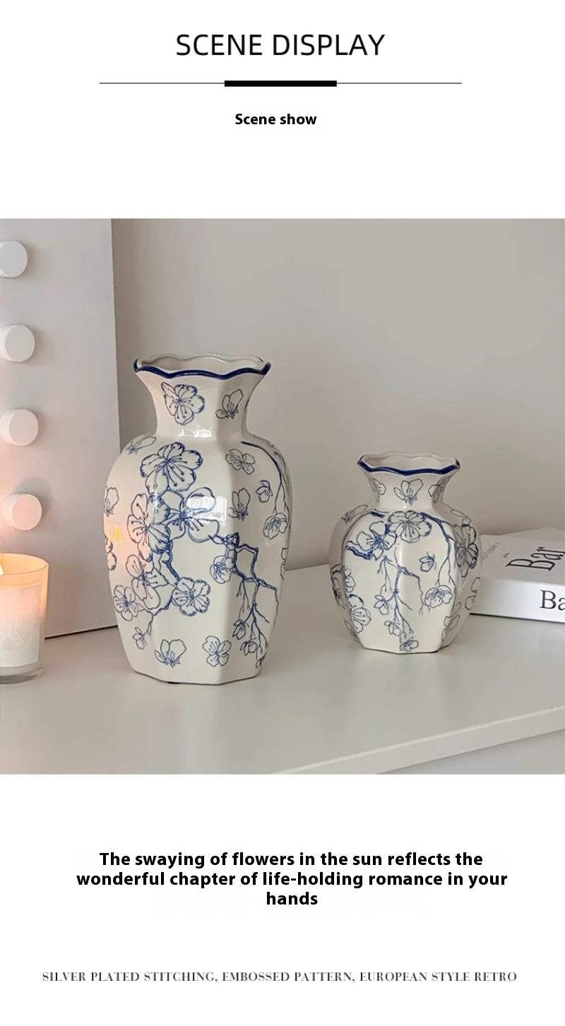 Vase New Chinese Medieval Blue and White Porcelain Retro Ceramic Flower Arranger Living Room | Man Tang