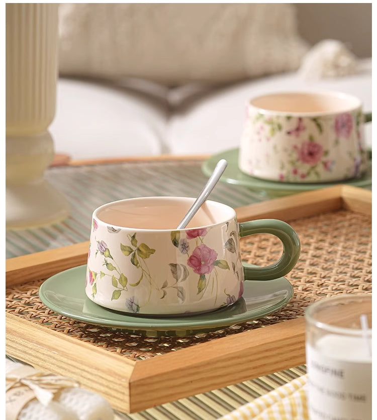 Tlife · Cane · Tasse · Pastorale Kaffeetasse, klein, frisches Blumenmuster, Kamelie, Tassen-Untertassen-Set | Weinrebe