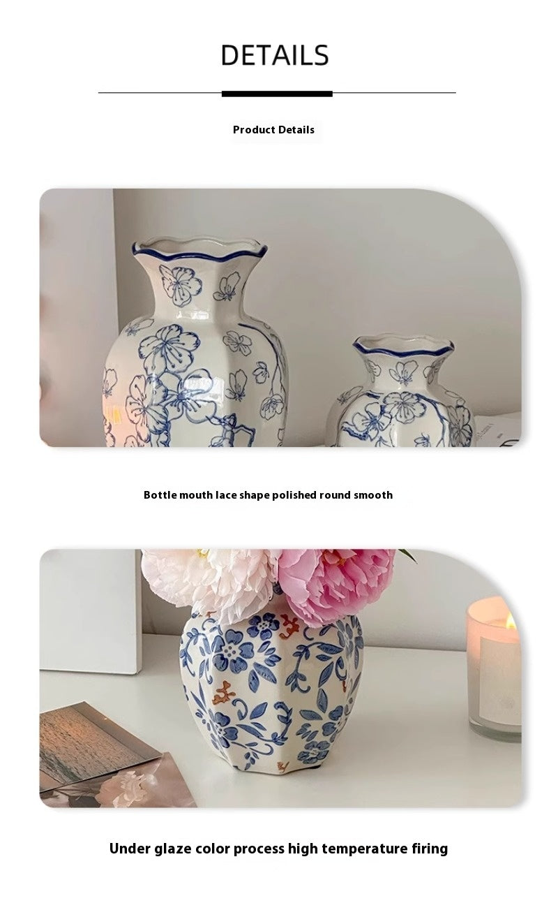 Vase New Chinese Medieval Blue and White Porcelain Retro Ceramic Flower Arranger Living Room | Man Tang