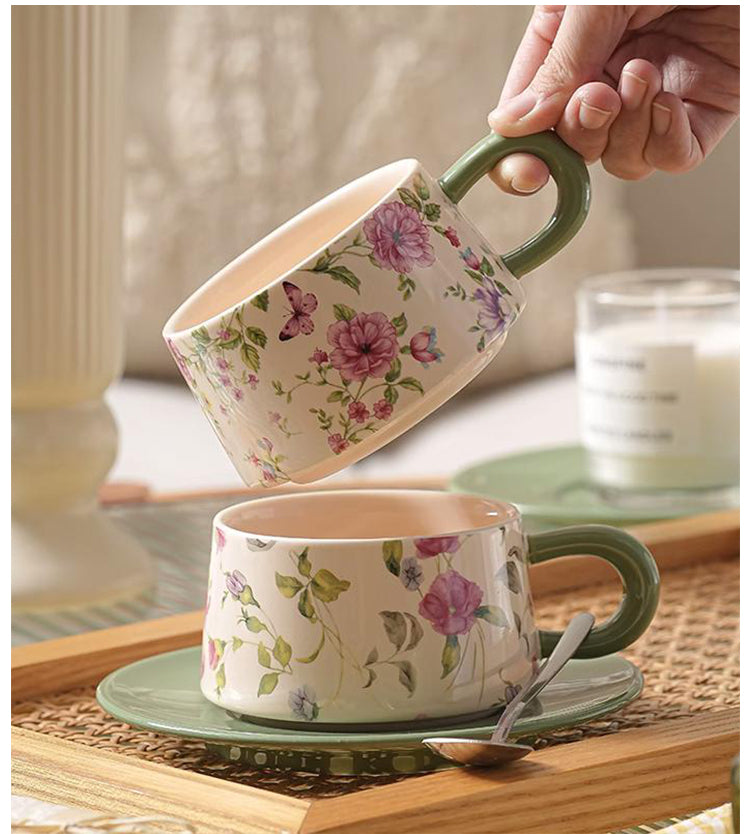 Tlife · Cane · Tasse · Pastorale Kaffeetasse, klein, frisches Blumenmuster, Kamelie, Tassen-Untertassen-Set | Weinrebe