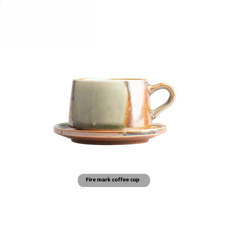 Cup set Ceramic retro coarse pottery hanging ears Coffee cup and saucer set Japanese style with spoon | Fire mark