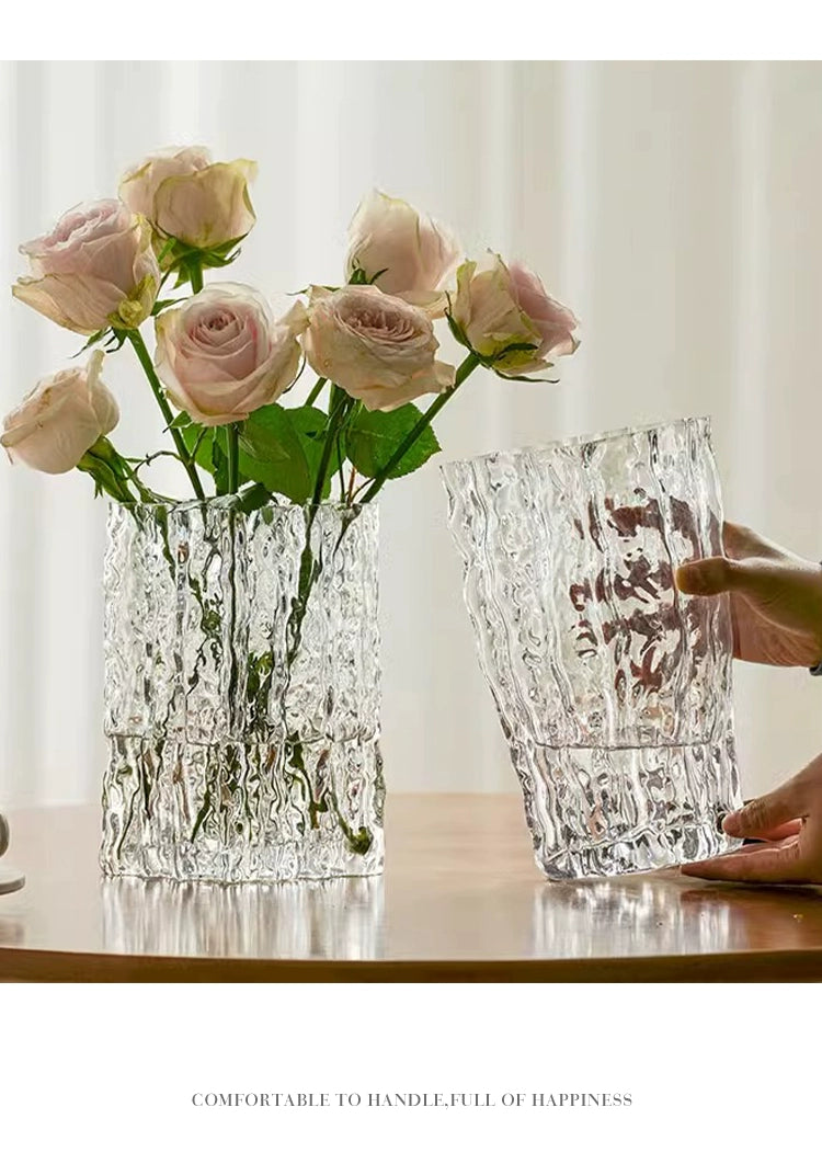 Vase ornament Living room flower arrangement glass high-end transparent glacier pattern | Spring light