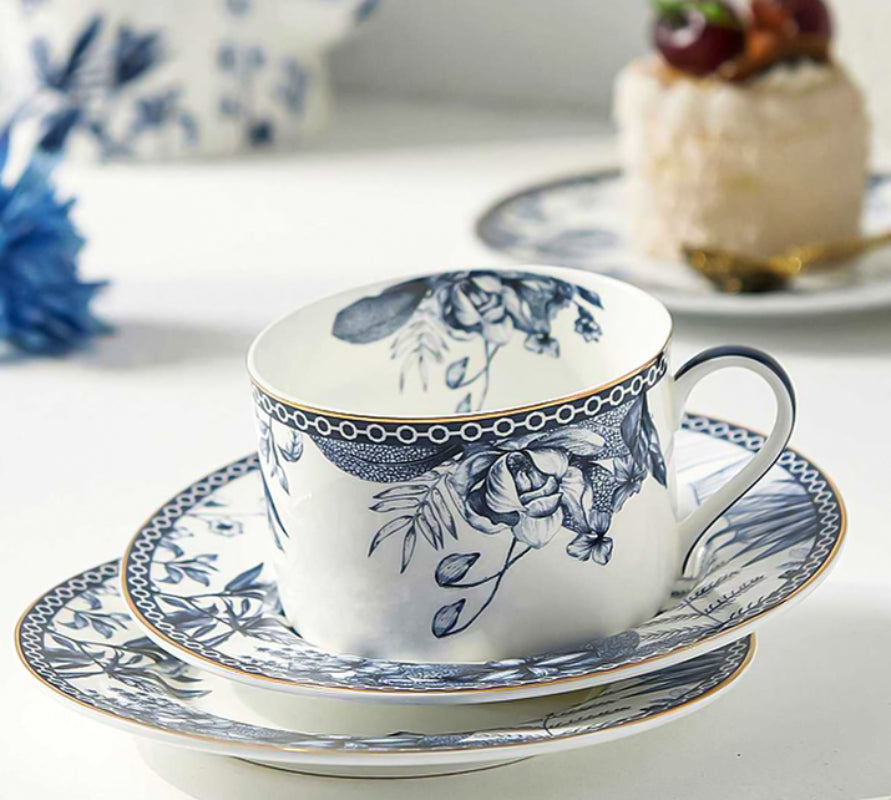 Blue and white · AUJG British high-end flower coffee cup and saucer set, light luxury household afternoon tea water cup