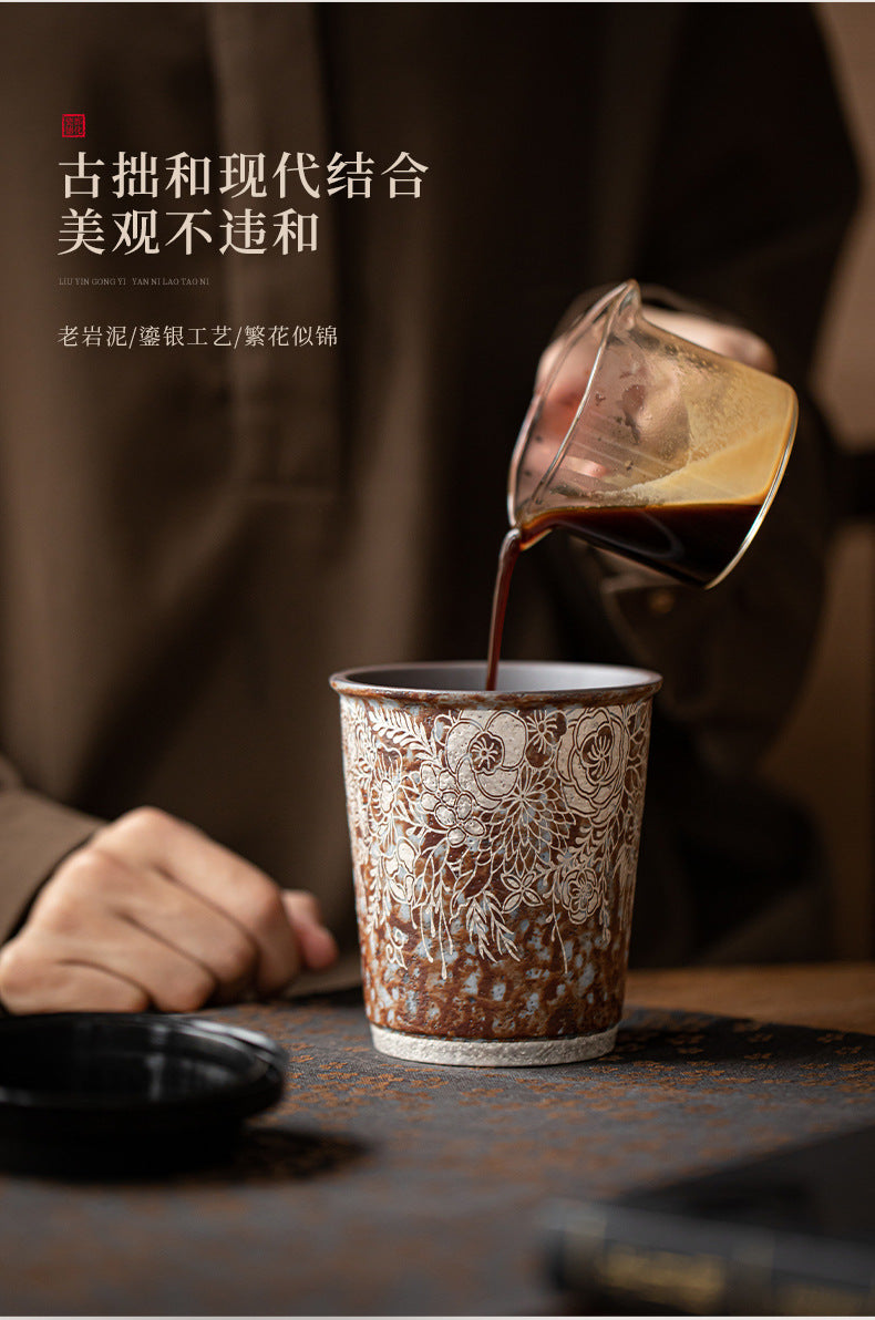 繁花鎏銀老陶泥コーヒーカップ家庭用陶器ティーカップ水カップ携帯用カップミルクコーラカップSCOUNT 産です