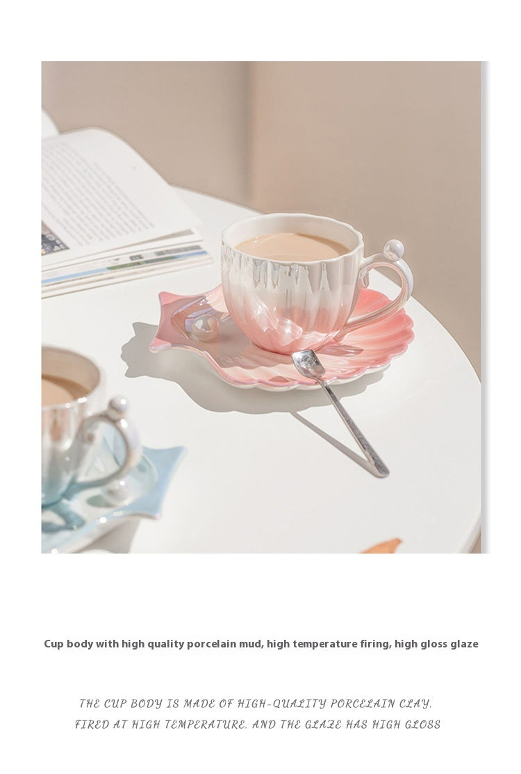 Cup set for household high-end exquisite ceramic shell coffee cup and saucer set | pearl light