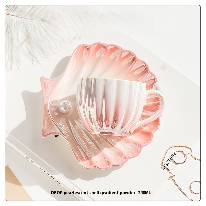 Cup set for household high-end exquisite ceramic shell coffee cup and saucer set | pearl light
