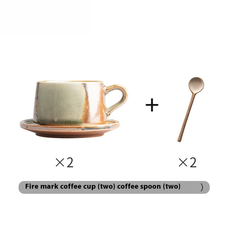 Cup set Ceramic retro coarse pottery hanging ears Coffee cup and saucer set Japanese style with spoon | Fire mark