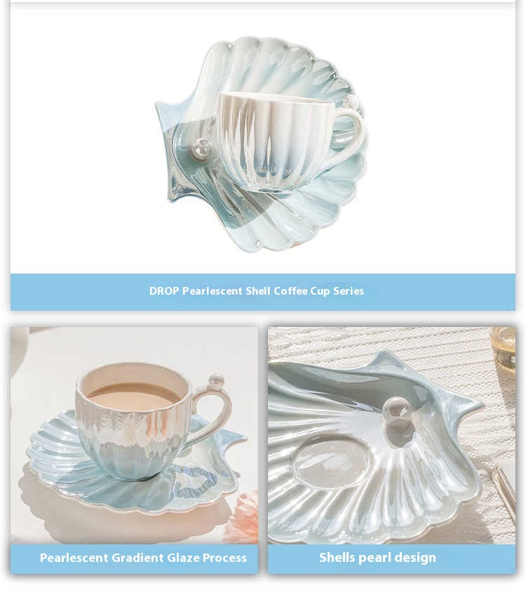 Cup set for household high-end exquisite ceramic shell coffee cup and saucer set | pearl light