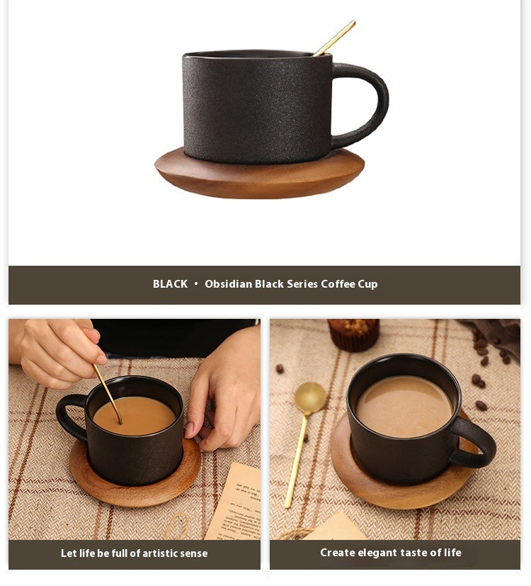Cup with coffee cup ceramic with base with spoon black matte Nordic light luxury | Yaoblack