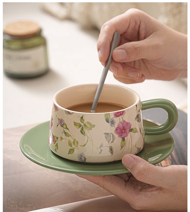 Tlife · Cane · Tasse · Pastorale Kaffeetasse, klein, frisches Blumenmuster, Kamelie, Tassen-Untertassen-Set | Weinrebe