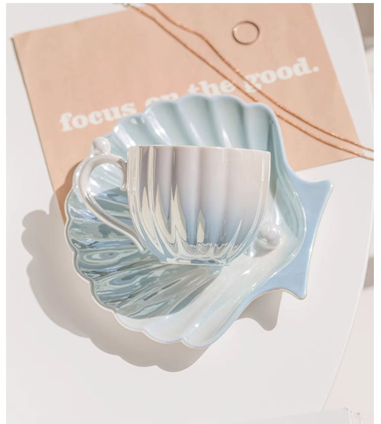 Cup set for household high-end exquisite ceramic shell coffee cup and saucer set | pearl light