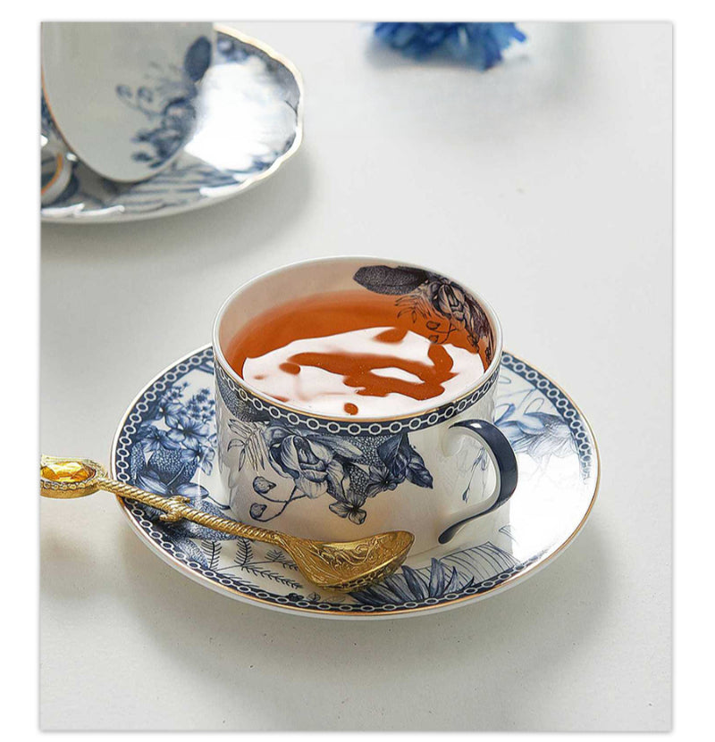Blue and white · AUJG British high-end flower coffee cup and saucer set, light luxury household afternoon tea water cup