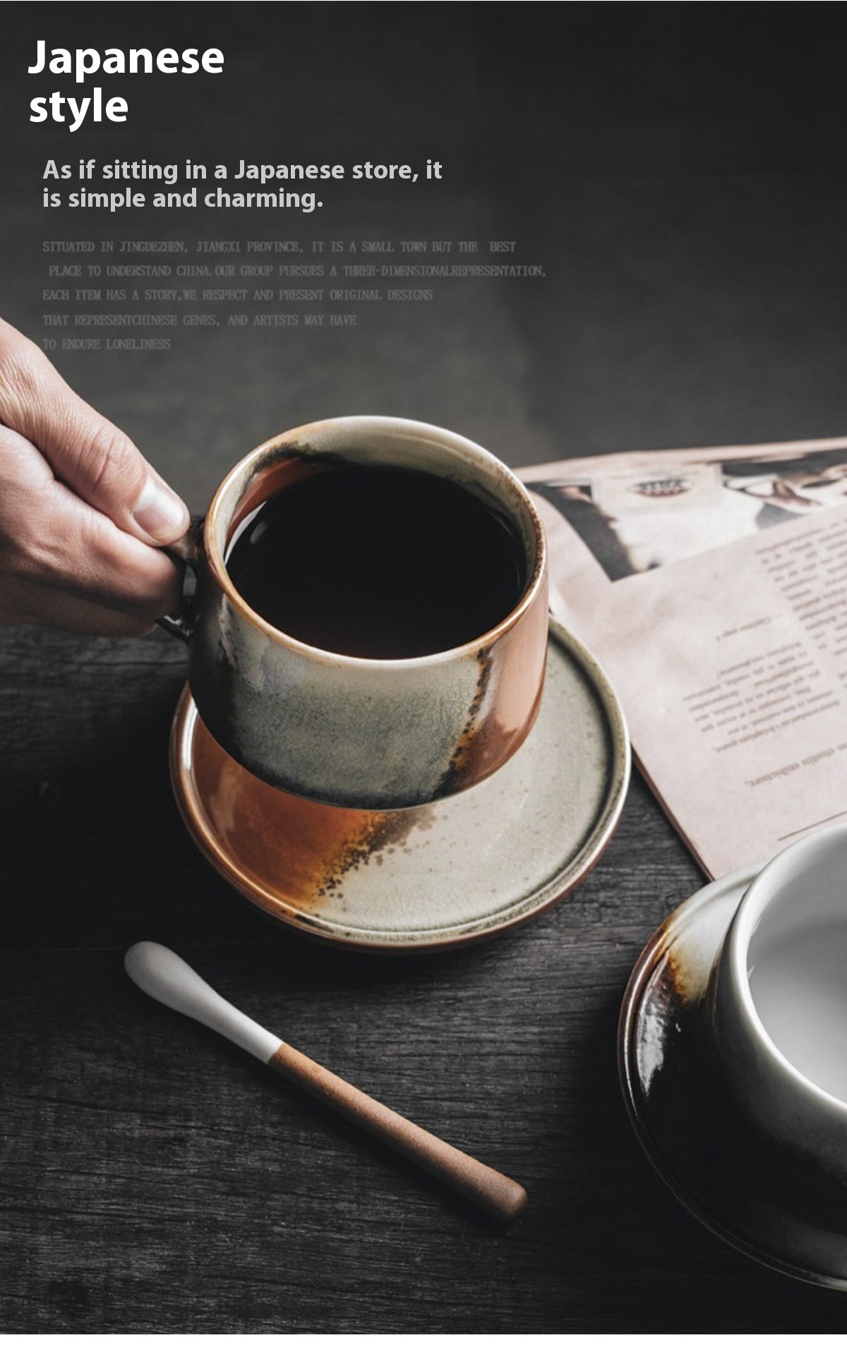 Cup set Ceramic retro coarse pottery hanging ears Coffee cup and saucer set Japanese style with spoon | Fire mark