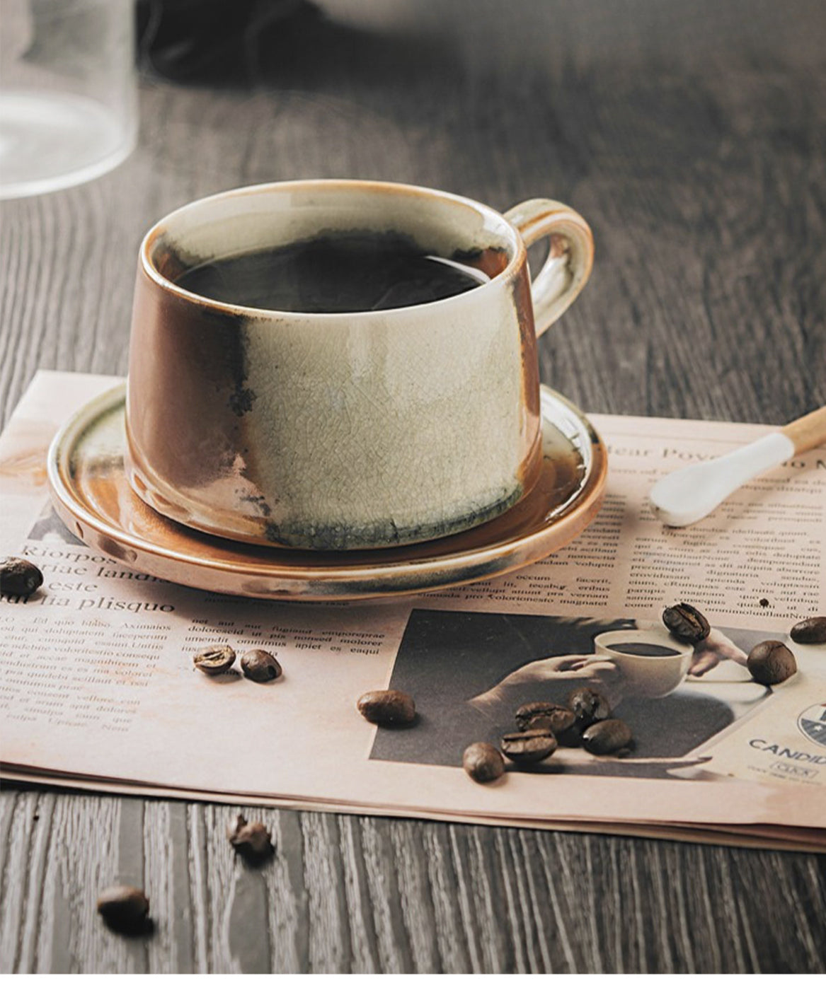 Cup set Ceramic retro coarse pottery hanging ears Coffee cup and saucer set Japanese style with spoon | Fire mark
