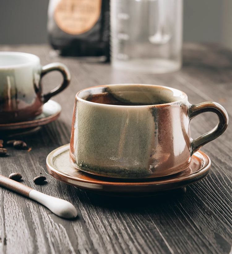 Cup set Ceramic retro coarse pottery hanging ears Coffee cup and saucer set Japanese style with spoon | Fire mark
