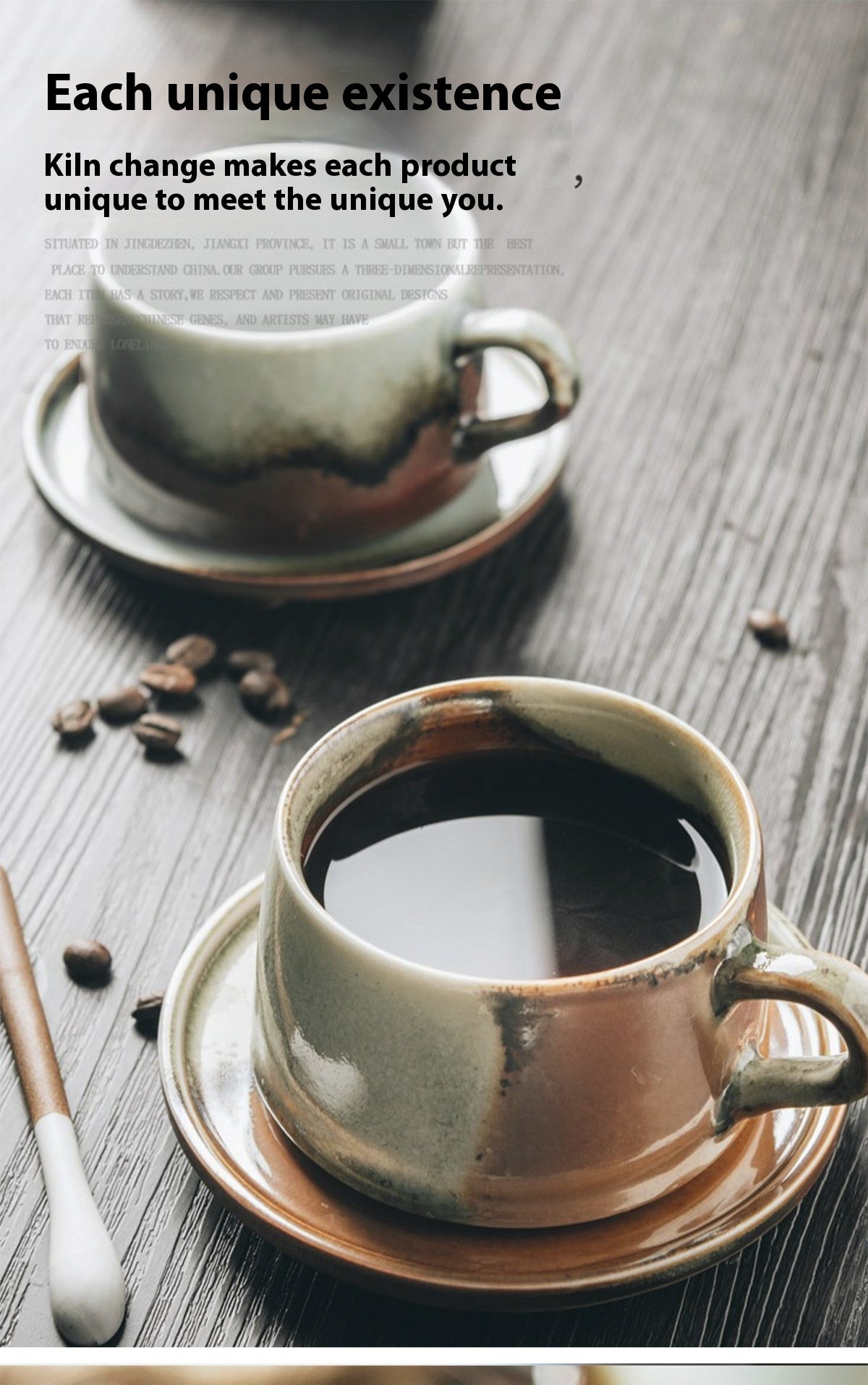 Cup set Ceramic retro coarse pottery hanging ears Coffee cup and saucer set Japanese style with spoon | Fire mark