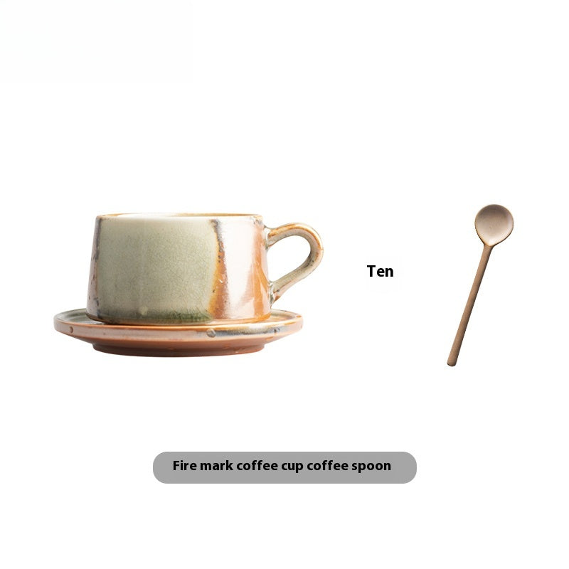 Cup set Ceramic retro coarse pottery hanging ears Coffee cup and saucer set Japanese style with spoon | Fire mark
