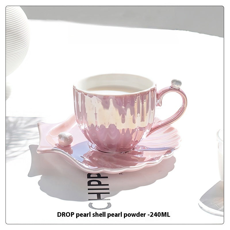 Cup set for household high-end exquisite ceramic shell coffee cup and saucer set | pearl light