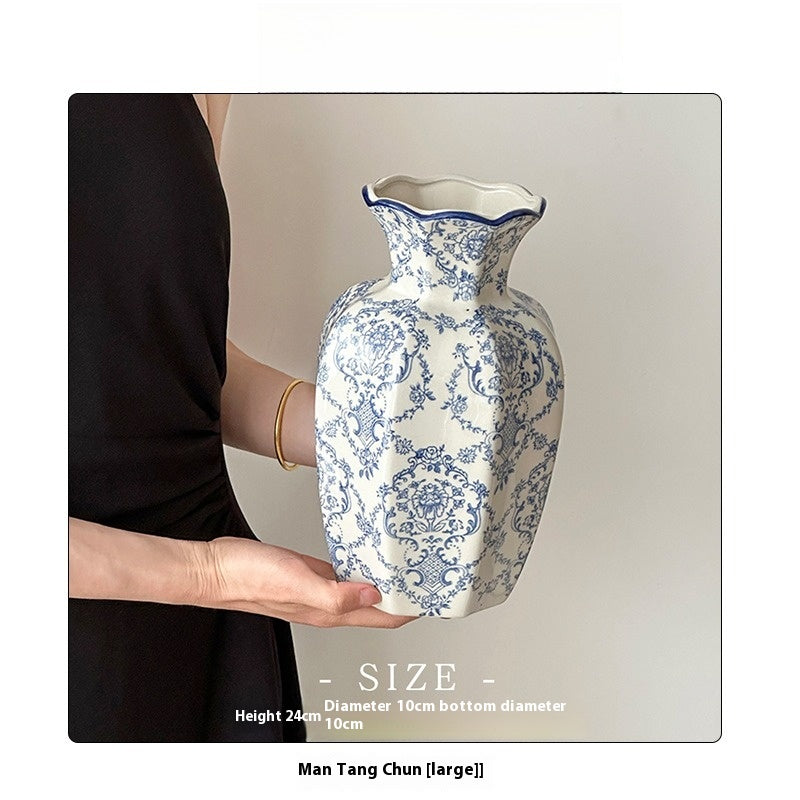 Vase New Chinese Medieval Blue and White Porcelain Retro Ceramic Flower Arranger Living Room | Man Tang
