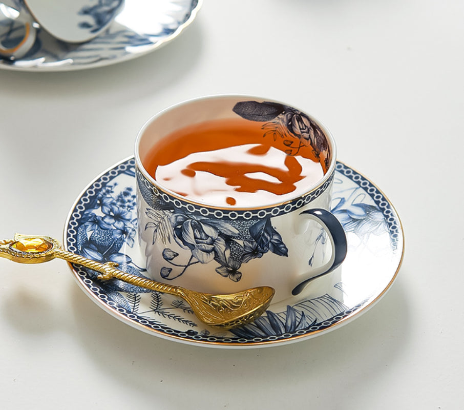 Blue and white · AUJG British high-end flower coffee cup and saucer set, light luxury household afternoon tea water cup