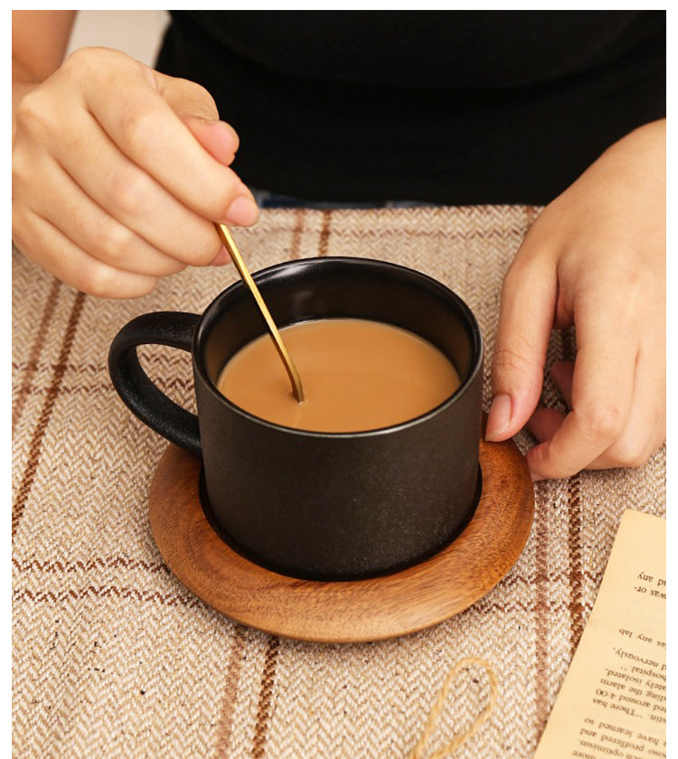 Cup with coffee cup ceramic with base with spoon black matte Nordic light luxury | Yaoblack