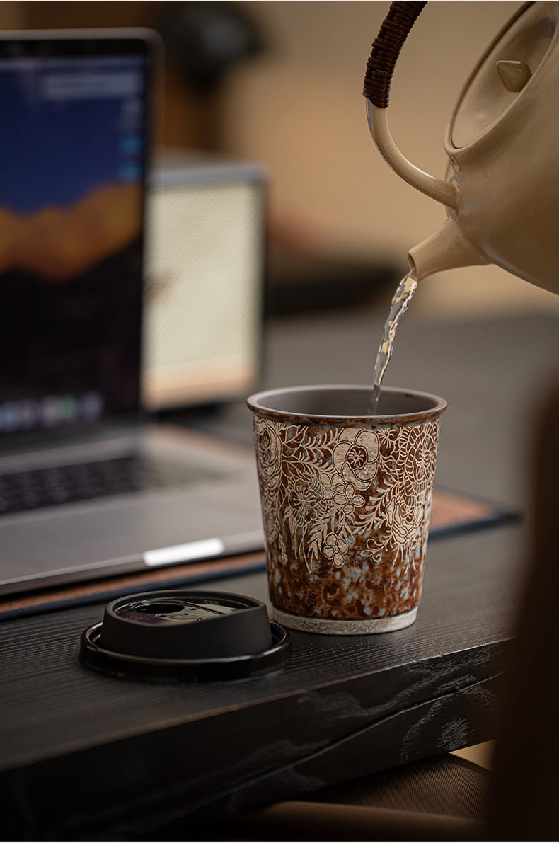 繁花鎏銀老陶泥コーヒーカップ家庭用陶器ティーカップ水カップ携帯用カップミルクコーラカップSCOUNT 産です